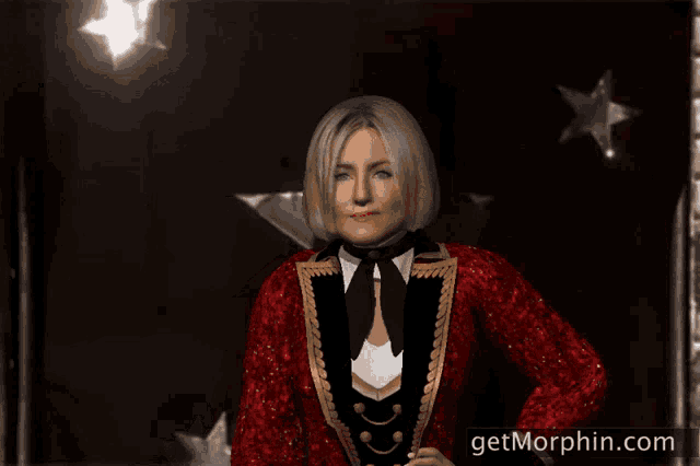a woman in a red and gold suit is standing in front of a screen that says getmorphin.com