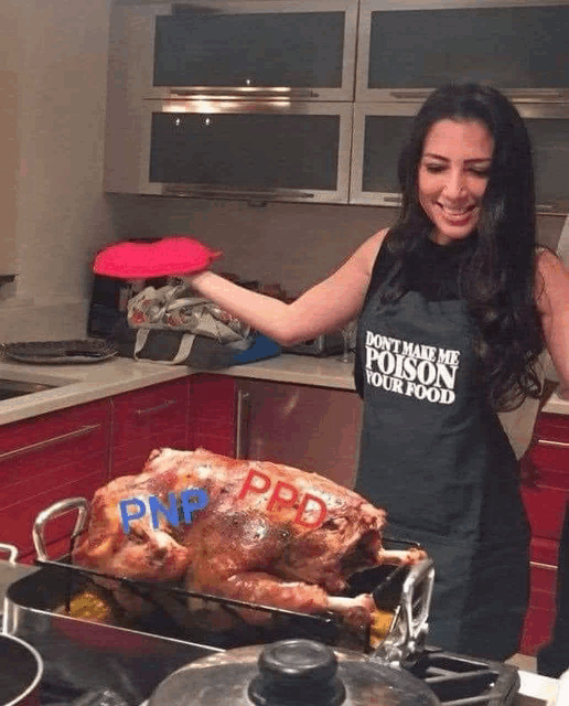 a woman wearing an apron that says " don 't make me poison your food "
