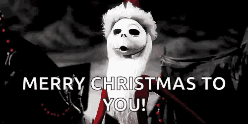 jack skellington from the nightmare before christmas is wearing a santa hat and beard and wishing merry christmas to you .