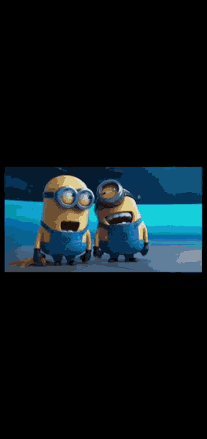 two minions are standing next to each other with their mouths open and one is holding a carrot .