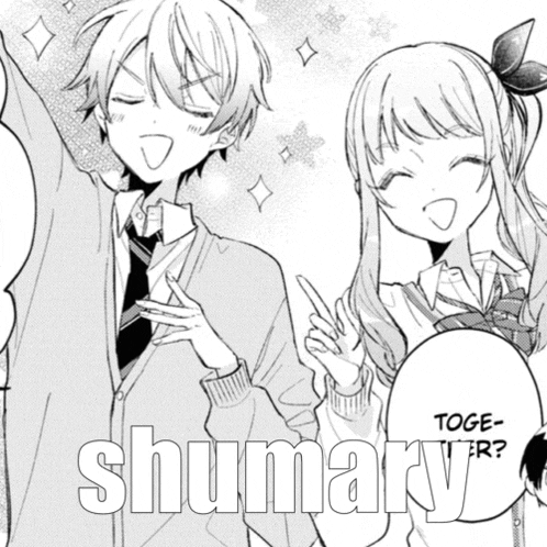 a black and white drawing of a boy and a girl with the word shumary on the bottom right