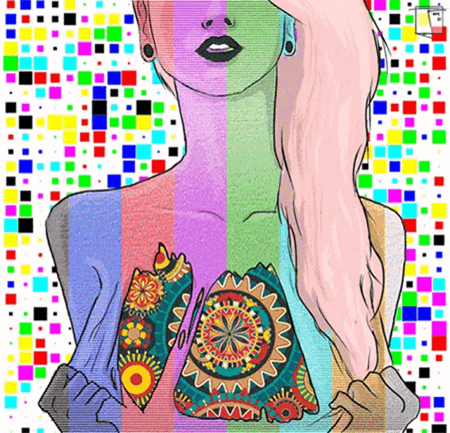 a colorful drawing of a woman with a mandala tattoo