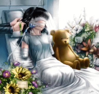 a painting of a woman in a hospital bed with a teddy bear
