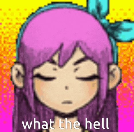 a pixel art of a girl with her eyes closed and the words `` what the hell '' written below her .