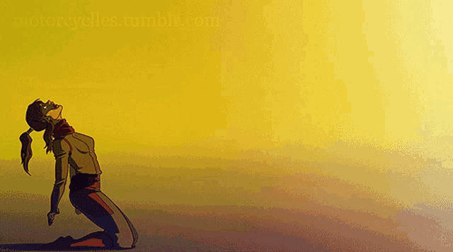 a drawing of a woman kneeling in front of a yellow background with motorcycleles.tumblr.com written on the bottom