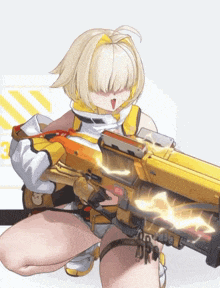 a girl with blonde hair is holding a yellow gun with lightning coming out of it