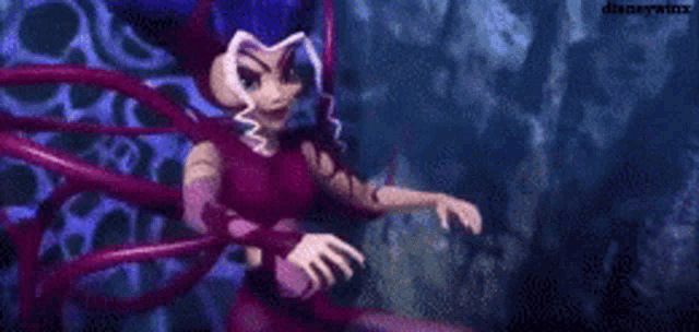 a woman in a purple dress is dancing in front of a blue background with the word dianeywinx on the bottom right