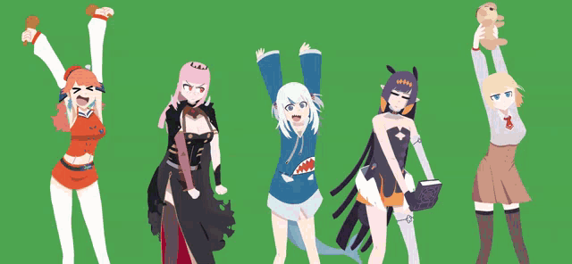 a group of anime girls are standing next to each other on a green background .