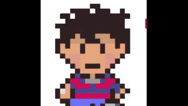 a pixel art drawing of a boy in a blue and red shirt