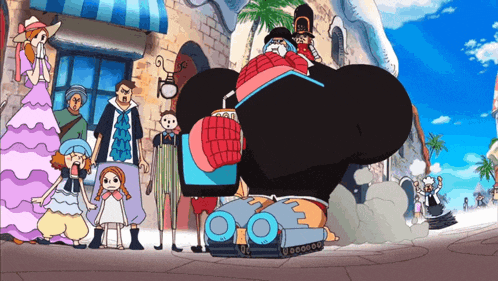 a group of people are standing around a giant cartoon character with a drink in his hand