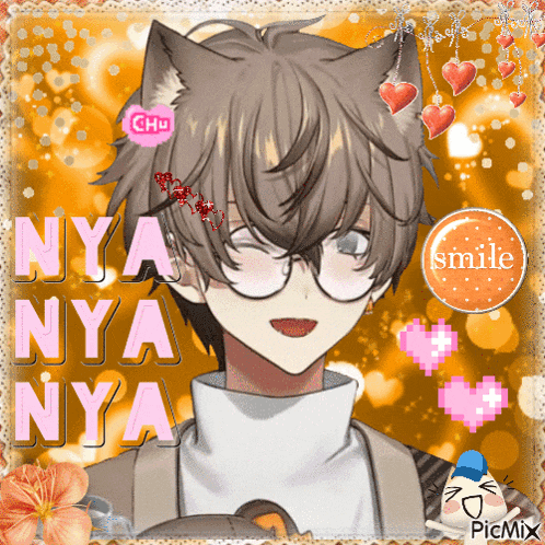 a picture of a boy with cat ears and the words " nya nya nya " on the bottom