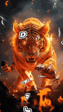 a painting of a tiger with the letter d on it 's face