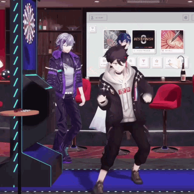 two anime characters are dancing in a room with a sign that says best finish