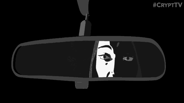 a black and white drawing of a rear view mirror with a crypt tv logo