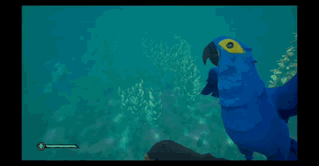a blue parrot with a yellow eye is sitting on a rock in a video game .