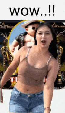 a woman in a tank top and shorts is standing in front of a baby in a hat .