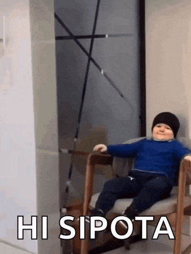 a little boy is sitting in a chair with the words hi sipota written on the bottom