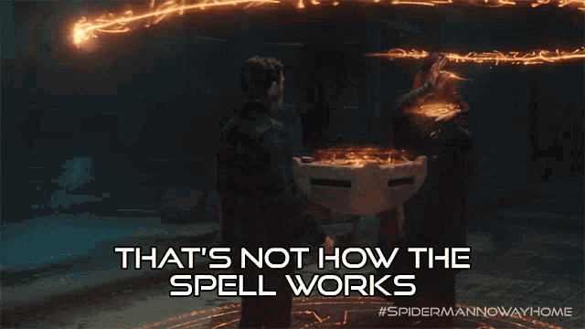 an advertisement for spider man no way home shows a man standing in front of a table with a spell on it