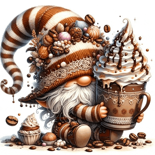 an illustration of a gnome holding a cup of coffee