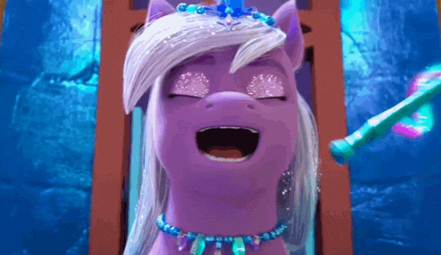 a purple cartoon pony with white hair and a necklace is laughing with her eyes closed .