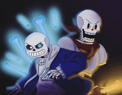 a drawing of two skeletons with glowing bones in the background