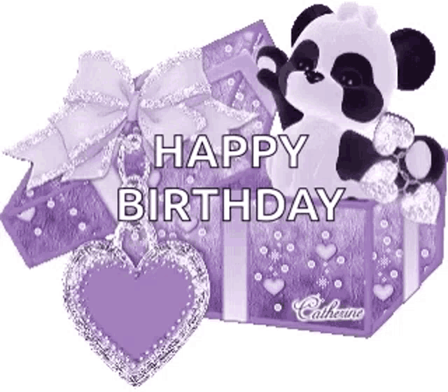 a panda bear is sitting in a purple gift box with the words happy birthday on it