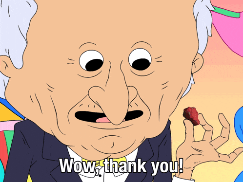 a cartoon character says wow thank you while holding something