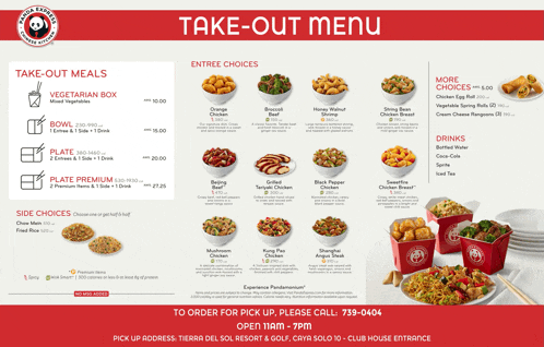 a take out menu for panda express shows a variety of options
