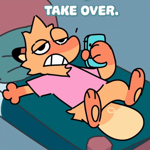 a cartoon drawing of a fox laying on a bed with the words take over above him