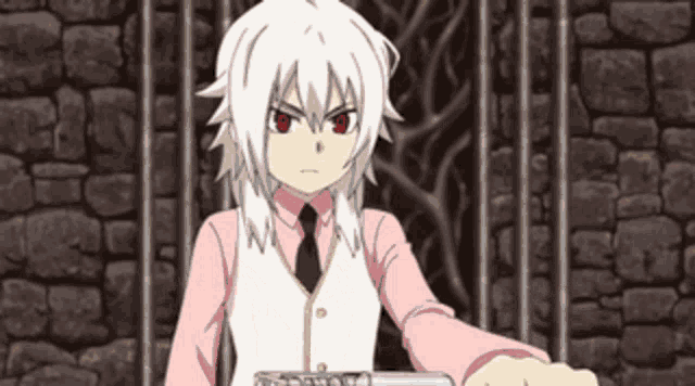 a girl with white hair and red eyes is wearing a pink shirt and a white vest