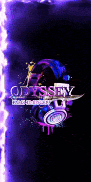 an odyssey logo with a sword and headphones on a black background