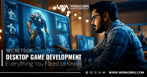 a man playing a video game on a computer screen with the words secrets of desktop game development everything you need to know below him