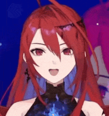 a close up of a red haired anime girl with red eyes and red hair .