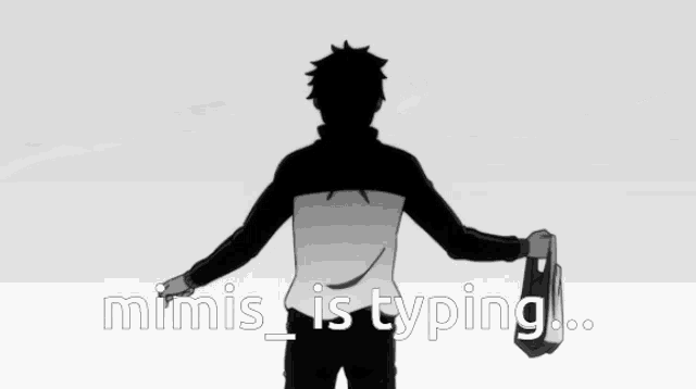 a black and white drawing of a man with the words mimis is typing below him