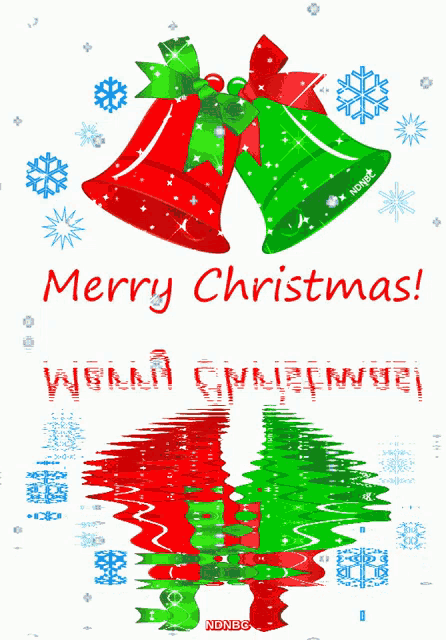 a merry christmas card with red and green bells and snowflakes
