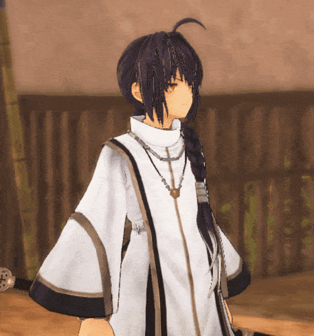 a girl with long black hair and a white robe