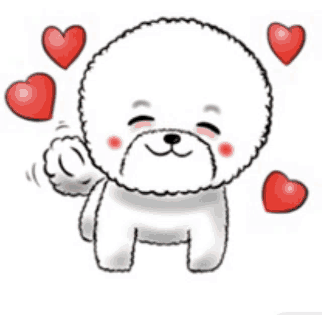 a cartoon of a white poodle with red hearts around it .