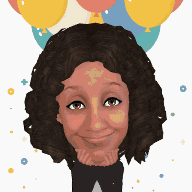 a cartoon of a girl with balloons behind her head