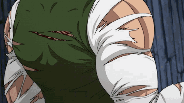 a drawing of a person with a green shirt and white bandages on their arms