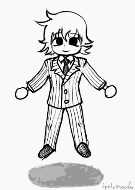 a black and white drawing of a boy in a suit and tie by the meadows