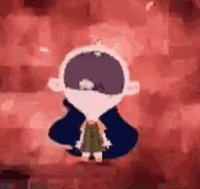 a cartoon character with a mask on his face is standing in front of a red wall .
