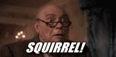 an older man wearing glasses is making a funny face and saying `` squirrel ! ''