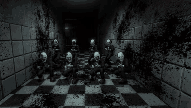 a group of people wearing masks in a hallway