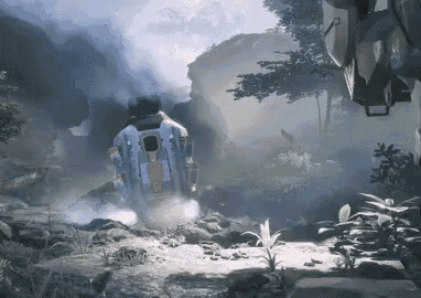 a robot is flying through a foggy forest in a video game .