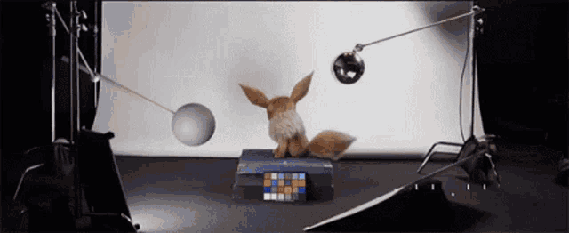 a stuffed animal is sitting on top of a box with a ball hanging from it 's tail