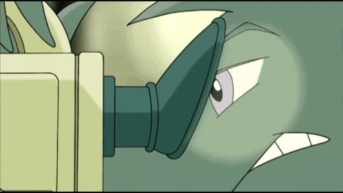a close up of a cartoon character looking through a camera