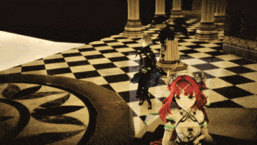 a woman with red hair is standing in a room with columns and a checkered floor
