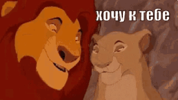 a lion and a lioness are looking at each other in a cartoon .