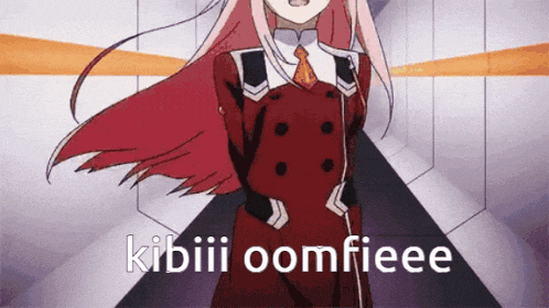 a pink haired anime girl is standing in a hallway with the words kibiii oomfieee written in white