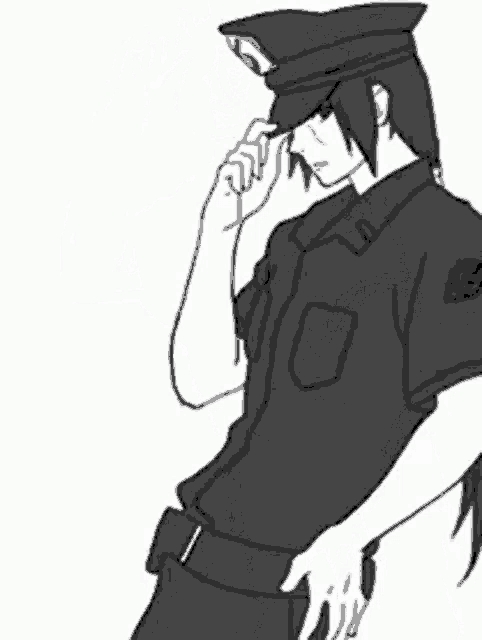 a black and white drawing of a police officer with long hair